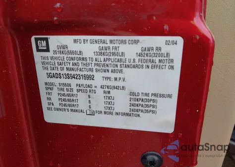 2004 Buick Rainier Cxl Plus from USA, damaged, VIN 5GADS13S942316992